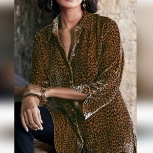 Soft Surroundings Tunic Velvet Blouse‎ Womens S Brown Leopard Print Button Front